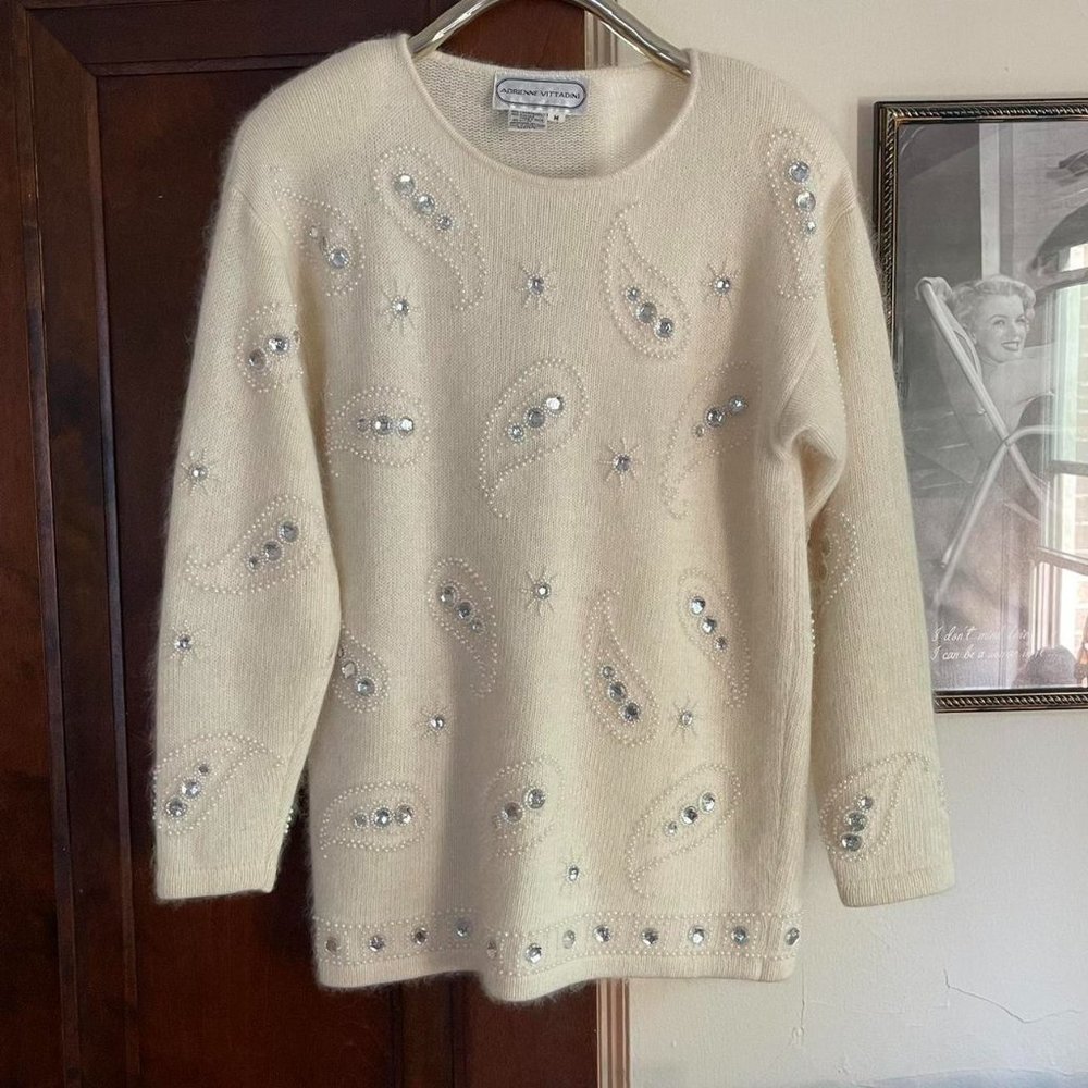 VTG 80s Adrienne Vittadini Lambswool & Angora Knit Sweater w/ Paisley Pattern